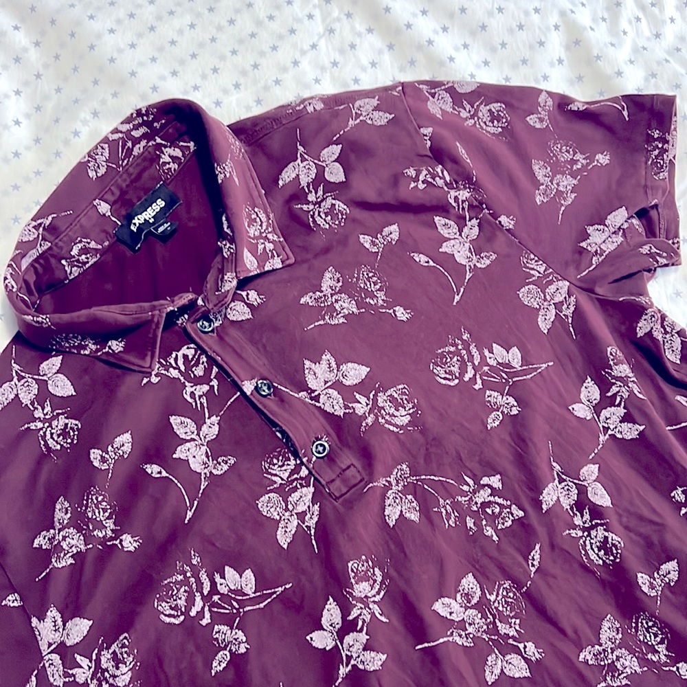 Express, Short Sleeve, Floral Pattern Burgundy Polo Shirt, Size L